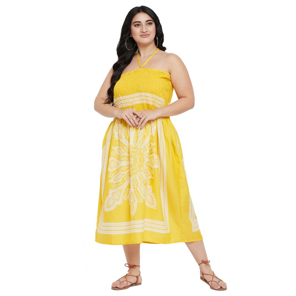 Floral Print Yellow Polyester Tube Dress for Women